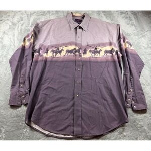 Vtg Roper Western Shirt Mens XL Horse Border Print Snap Front Cowboy